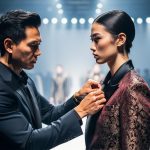 Asian creative professional adjusting a silk jacket on a model backstage, with blurred runway lights, garment racks, and silhouettes of models and editors in the background under dramatic side lighting.