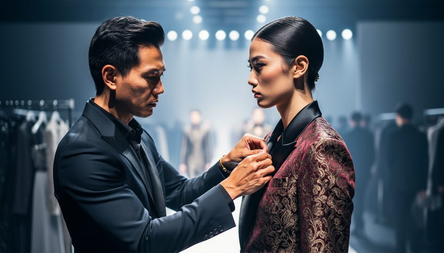 Asian creative professional adjusting a silk jacket on a model backstage, with blurred runway lights, garment racks, and silhouettes of models and editors in the background under dramatic side lighting.