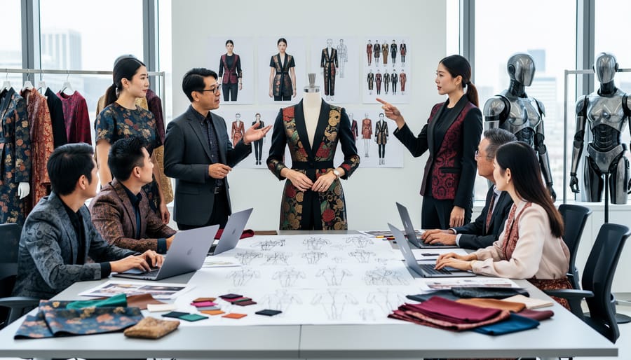 Asian fashion designer working on garment in professional studio