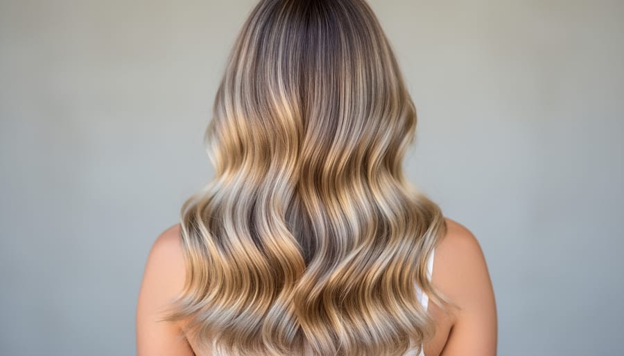 Close-up of blonde hair showing balayage color technique with natural waves