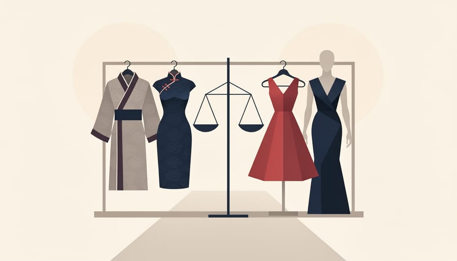 Asian fashion professional viewing traditional garments in studio setting