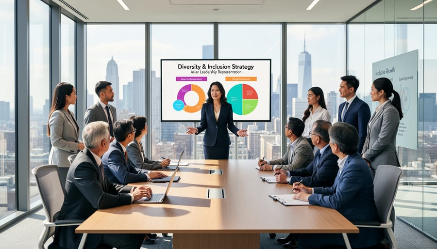 Diverse fashion industry executives in collaborative meeting including Asian leaders