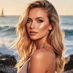 Blonde woman with long sun-kissed beach waves and dewy skin standing on a rocky shoreline at golden hour, with softly blurred ocean waves and a distant sailboat behind her.