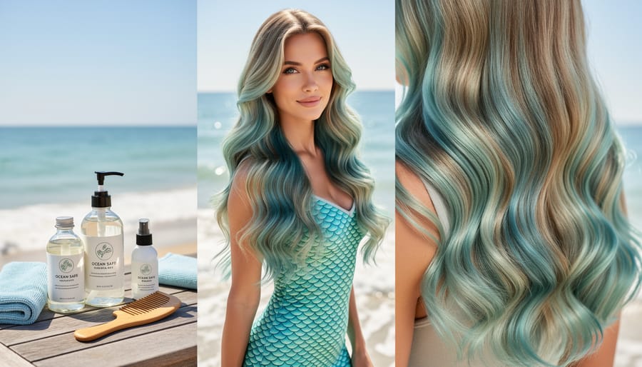 Hands applying natural hair product to long blonde waves in outdoor coastal setting