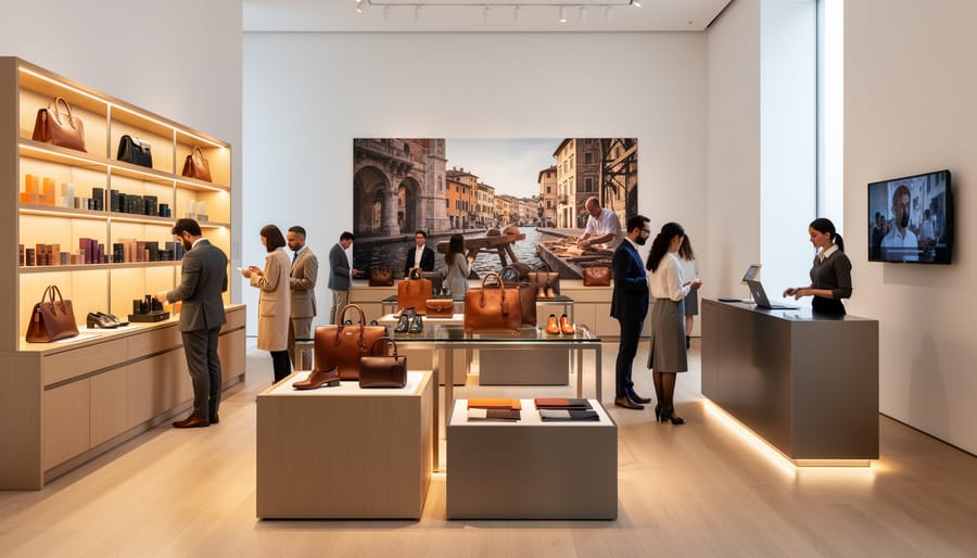 Curated Italian luxury fashion pop-up store with clothing and accessories on display