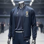 Official FIFA World Cup 2026 jersey and outerwear styled in a modern streetwear fashion setting with a softly blurred stadium background.