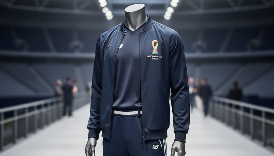 Official FIFA World Cup 2026 jersey and outerwear styled in a modern streetwear fashion setting with a softly blurred stadium background.