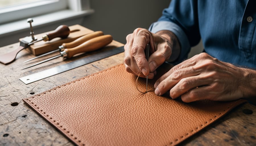 Close view of a craftsman hand-stitching leather on a luxury Italian atelier workbench