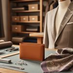 Close-up of a luxury Italian fashion workbench showing tan leather and a silk scarf with tailoring tools and a mannequin wearing a partially finished jacket.