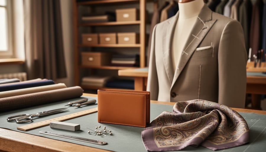Close-up of a luxury Italian fashion workbench showing tan leather and a silk scarf with tailoring tools and a mannequin wearing a partially finished jacket.