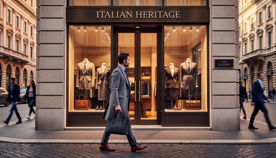 Italian luxury fashion storefront with mannequins dressed in classic tailoring and accessories