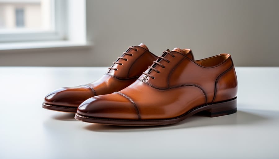 Close-up of polished Italian leather dress shoes on a marble floor