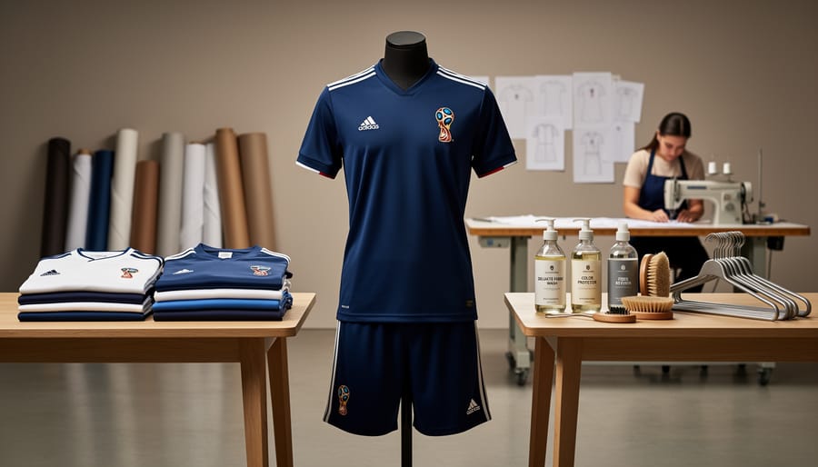 Close-up of fabric swatches and a World Cup-style hoodie on a designer workbench in natural light