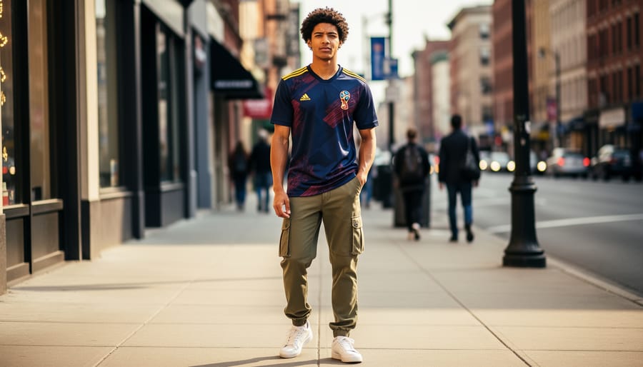 Model wearing a World Cup-style hoodie and joggers on a city street in modern streetwear setting