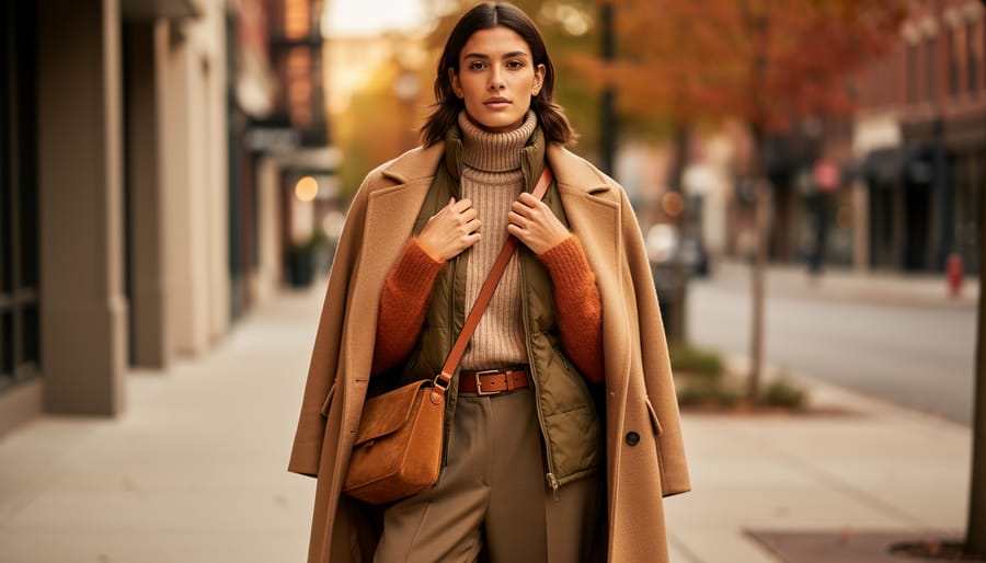 Close-up of hands layering a scarf over a knit sweater in warm fall colors