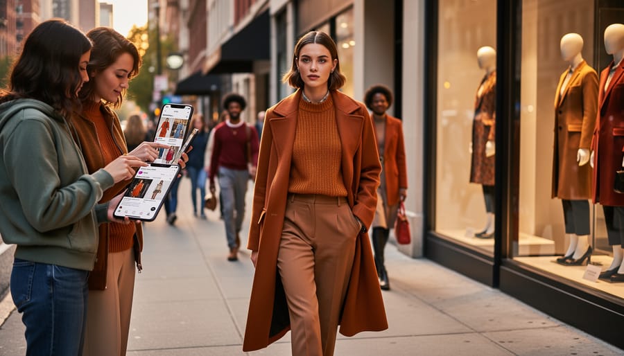 Diverse group wearing fall outfits in a café setting with a phone held casually