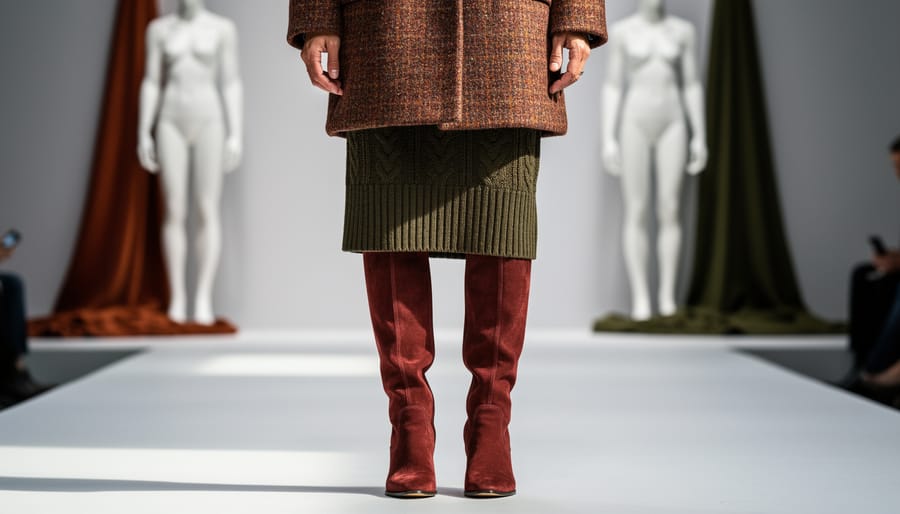 A model wearing a textured tweed coat and suede boots in an autumn runway setting with blurred mannequins and draped fabrics in warm earth tones.