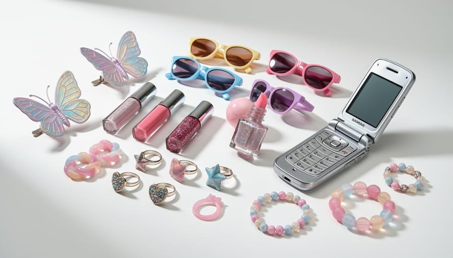Flat-lay of Y2K accessories including tiny sunglasses, butterfly hair clips, lip gloss, and a mini metallic handbag