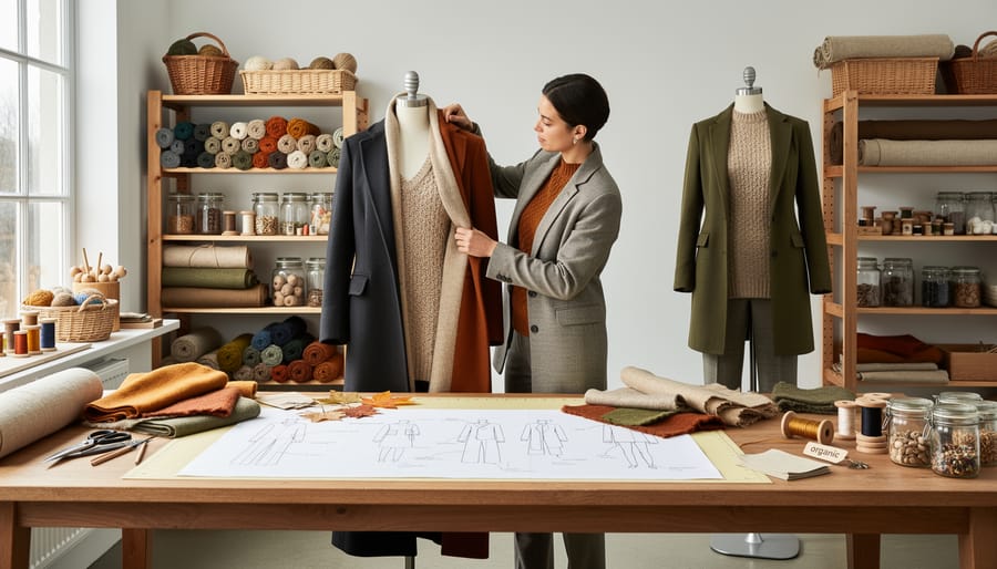Garment rack with natural-fiber coats in a sunlit studio