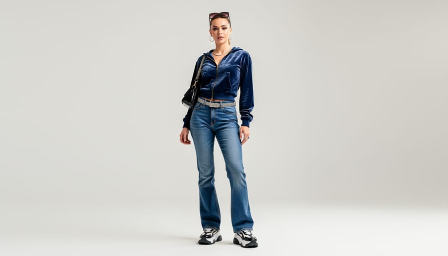 Mannequin styled in a Y2K outfit with low-rise denim, velour tracksuit pieces, and chunky platform sneakers