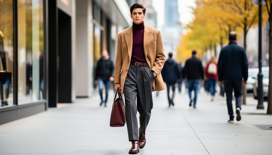 Model wearing a tailored fall coat and wide-leg trousers on a wet city sidewalk