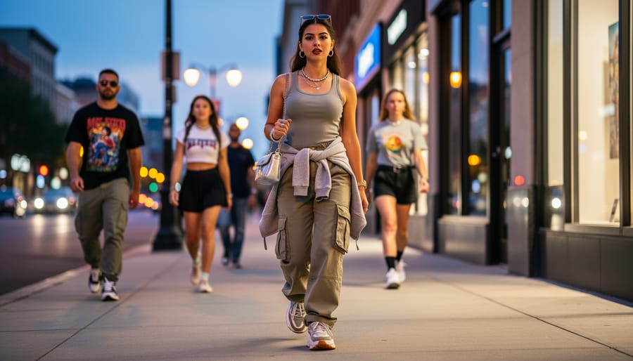 Models wearing cargo and low-rise layered outfits with chunky sneakers walking on a neon-lit street at dusk
