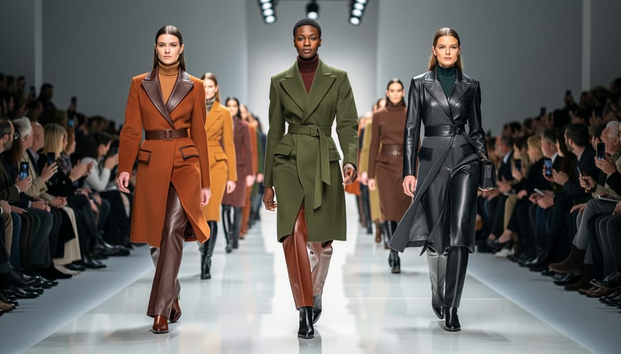 Runway scene with spotlighted outerwear silhouette moving near the stage floor