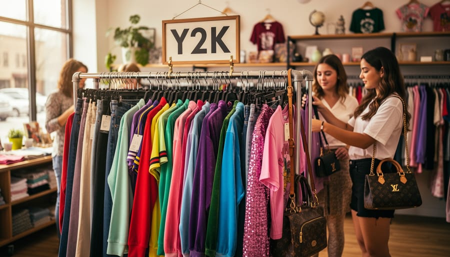 Vintage clothing and platform shoes displayed on racks in a curated store