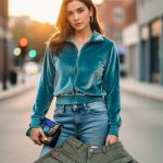 Street-style photo of a person wearing an early-2000s-inspired velour tracksuit, low-rise jeans, cargo layering, and a butterfly-motif accessory in warm golden-hour light.