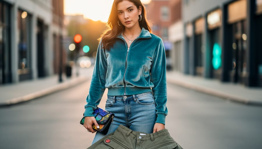 Street-style photo of a person wearing an early-2000s-inspired velour tracksuit, low-rise jeans, cargo layering, and a butterfly-motif accessory in warm golden-hour light.