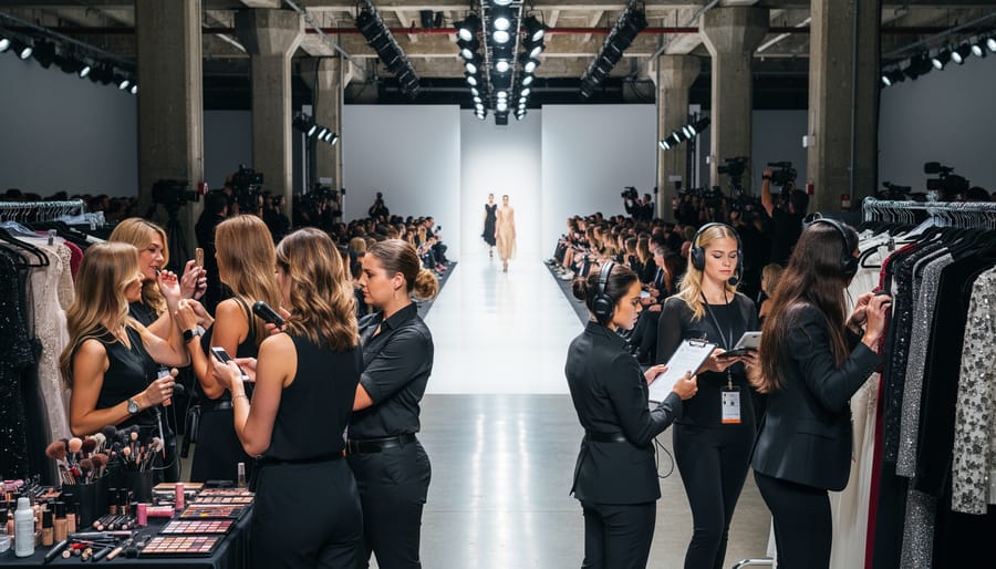 Models standing on a fashion runway entrance under stage spotlights at NYC Fashion Week.