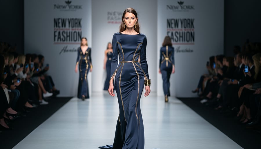 Model in a modern gown posing on a fashion week runway with stage lighting and blurred audience in the background.