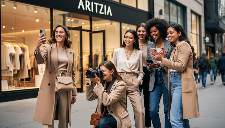 Boutique interior with creators taking photos of an everyday luxury outfit on a mannequin