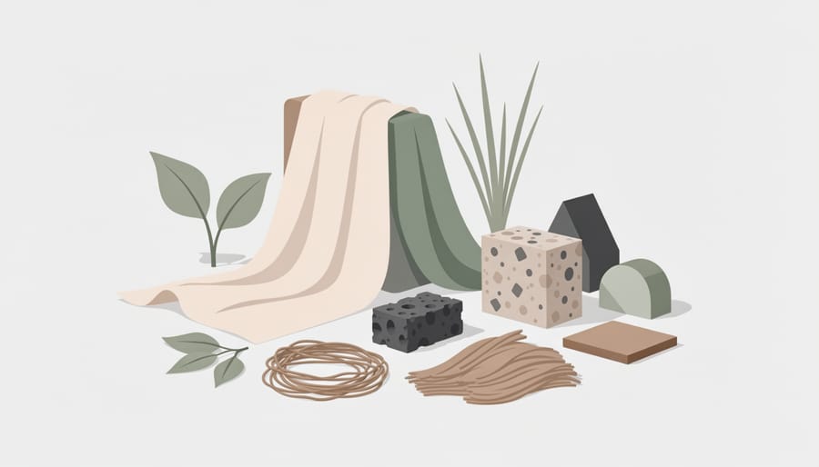 Structured couture fabric with sustainable material swatches on a studio table