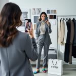Fashion influencer styling an outfit in a modern studio, mirror selfie on a smartphone, with a curated garment rack and shopping bag in the background.
