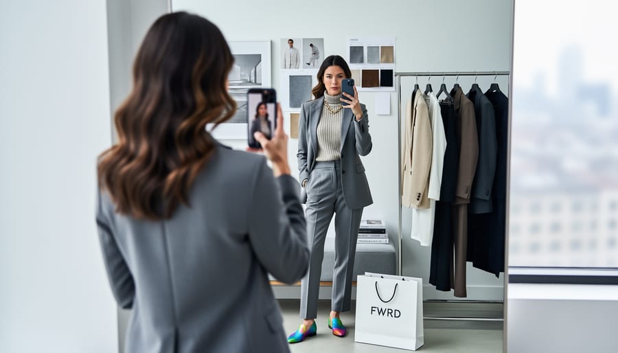 Fashion influencer styling an outfit in a modern studio, mirror selfie on a smartphone, with a curated garment rack and shopping bag in the background.