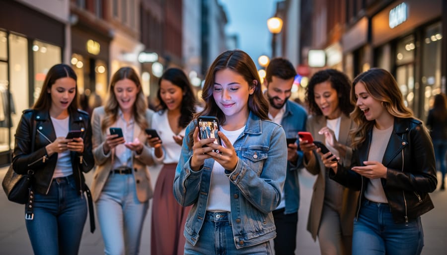 Fashion shoppers on a city street holding shopping bags and looking at a phone with a blurred video reflection