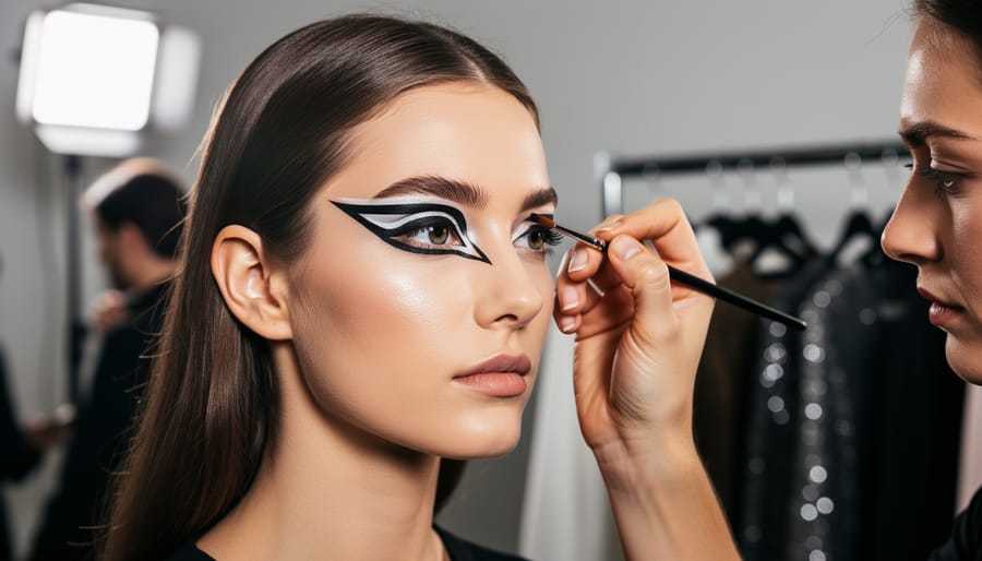 Close-up of a makeup artist applying asymmetric graphic eyeliner to a model’s eye in a backstage studio setting.