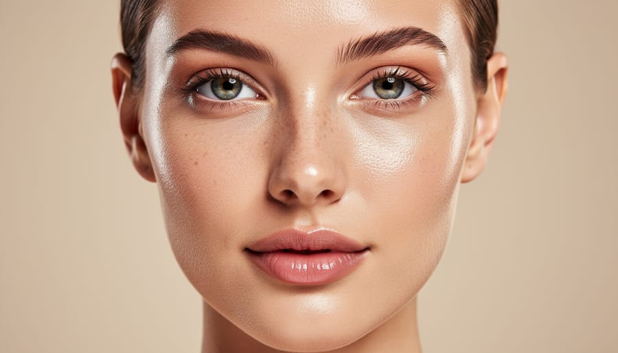 Model portrait with glossy skin highlights concentrated on cheekbones and forehead under soft daylight.
