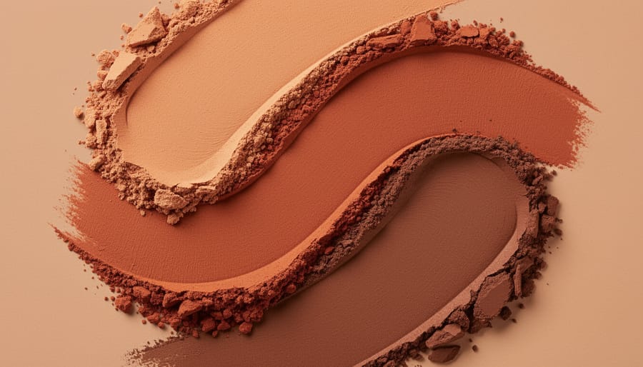 Close-up of terracotta and earth-tone makeup swatches blended across eyeshadow, cheek tint, and lip stain on a blotter.