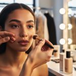 Makeup artist applying glossy bare-skin radiance to a fashion model backstage during New York Fashion Week, with refillable beauty products on the vanity.