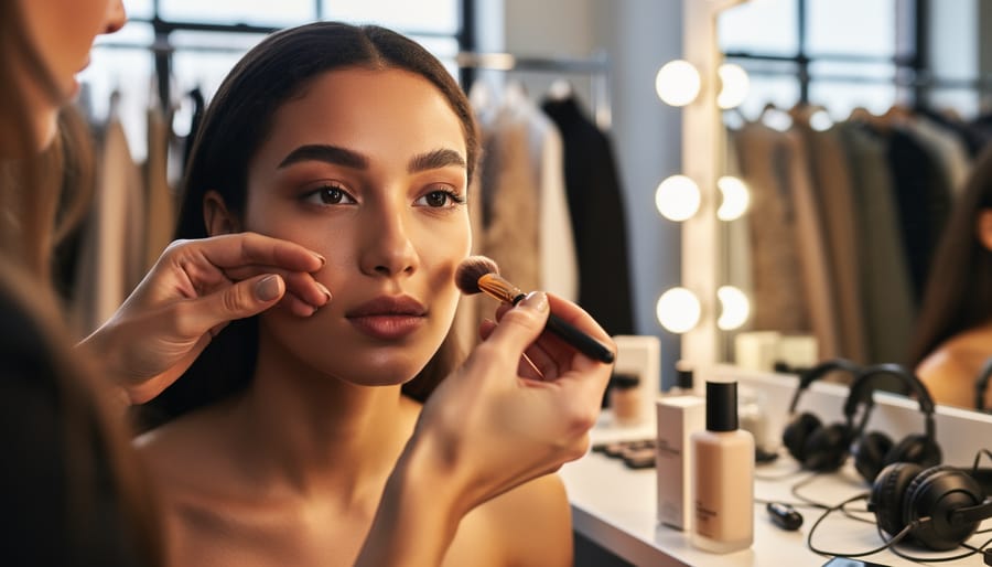 Makeup artist applying glossy bare-skin radiance to a fashion model backstage during New York Fashion Week, with refillable beauty products on the vanity.