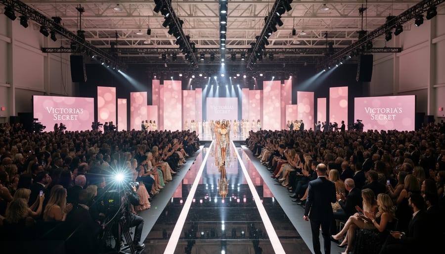 Wide view of the Victoria's Secret Fashion Show runway inside Sony Pictures Studios